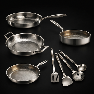 Hand-Hammered Titanium Family Set: 4 Pans & Utensils