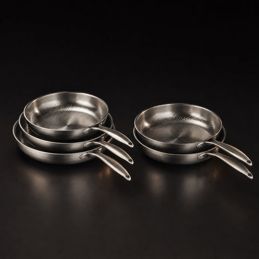 Hand-Hammered Titanium Frying Pan Bundle with 2 Lids (5 Sizes, 8–12 Inch)