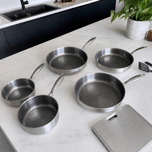 Hand-Hammered Titanium Multi-Pan Cook Set with Cutting Board (5 Pans, 8–10 Inch)