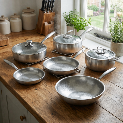 Hand-Hammered Titanium Complete Kitchen Set with 3 Lids (10, 11 & 12 Inch)