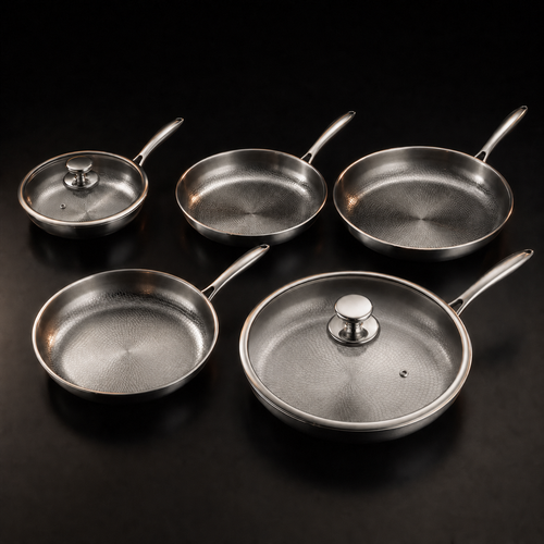 Hand-Hammered Titanium Frying Pan Bundle with 2 Lids (5 Sizes, 8–12 Inch)