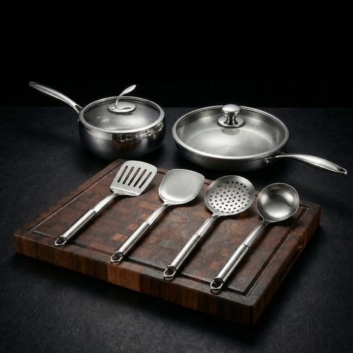 Hand-Hammered Titanium Pan & Sauté Set with Walnut Board and Utensils
