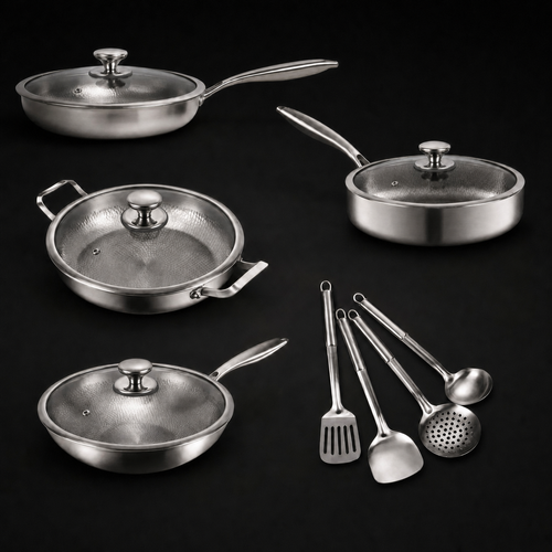 Hand-Hammered Titanium Family Set: 4 Pans & Utensils