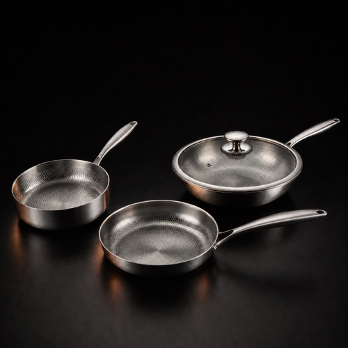 Hand-Hammered Titanium Stir-Fry Set with 1 Lid (8, 8 & 10 Inch)