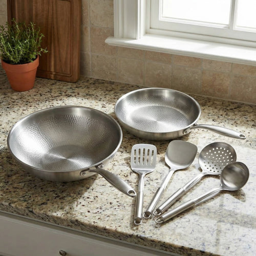 Hand-Hammered Titanium Wok & Fry Pan (10 Inch) with Utensils