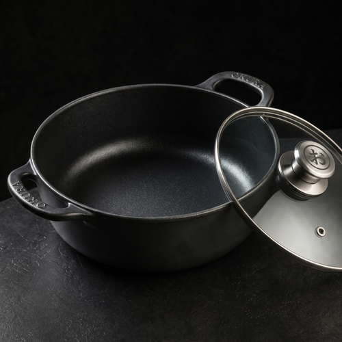Enameled Cast Iron Casserole Pan with Glass Lid
