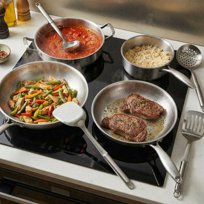 Hand-Hammered Titanium Family Set: 4 Pans & Utensils